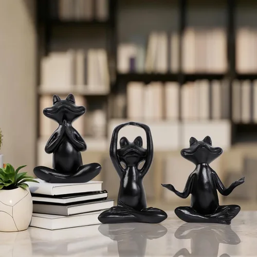 Miniatura 4 de Suoedd Juego de 3 figuras de rana negra para decoración de yoga, estatuas de yoga de rana para sala de estar moderna, mesa, oficina, estantería
