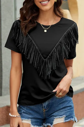 Miniatura 4 de PESION Camisas de manga corta con flecos para mujer, blusa con ribete de borlas