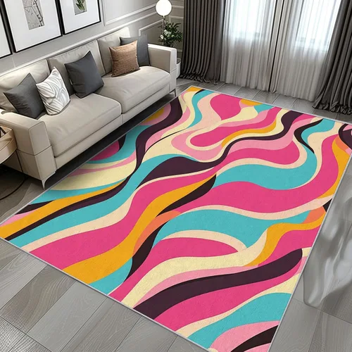 Miniatura 3 de Alfombra abstracta colorida de 2 x 3 pulgadas, lavable con rayas onduladas para entrada, dormitorio, cocina, alfombra retro de los años 70