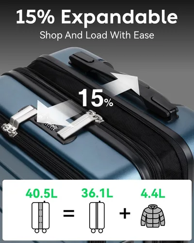 Miniatura 7 de LUGGEX Maleta de mano con bolsillo frontal, maleta rígida de policarbonato expandible con puerto USB, plateado, Equipaje de mano con compartimento