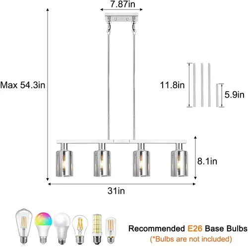 Miniatura 5 de Iluminación de isla de cocina de 4 luces, lámpara cromada para comedor, luz de isla para colgar sobre la mesa para candelabros lineales de granja