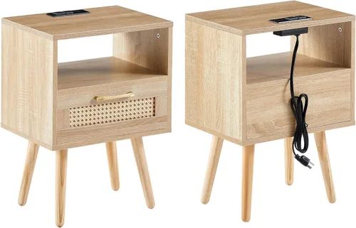 Miniatura 8 de Mesita de noche, mesa auxiliar con cajón decorativo de ratán y patas de madera maciza, mesa decorativa de madera con almacenamiento para dormitorio