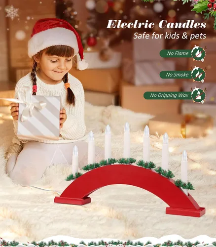 Miniatura 3 de Lewondr Candelabro sueco de Navidad, 7 velas cónicas sin llama con alimentación USB, luz de vela de ventana de Navidad con agujas de pino, luz de B