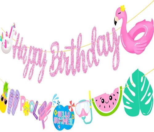 Miniatura 2 de Pancartas de fiesta de cumpleaños para piscina, 2 unidades, pancartas recortadas para fiesta de piscina, decoraciones de fiesta de piscina