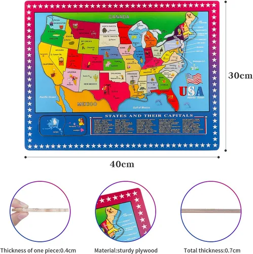Miniatura 7 de Rompecabezas de madera de mapa de Estados Unidos, rompecabezas de mapa de 46 piezas para niños, rompecabezas educativos de geografía de Estados