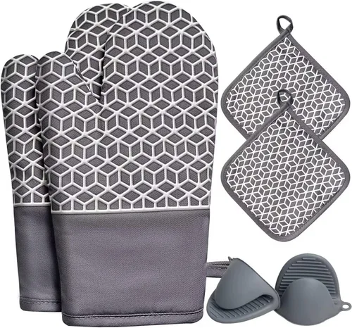 Miniatura 8 de Manoplas de horno y soportes para ollas, juego de guantes de horno resistentes al calor de 500 ℉, guantes de horno de silicona, agarre texturizado