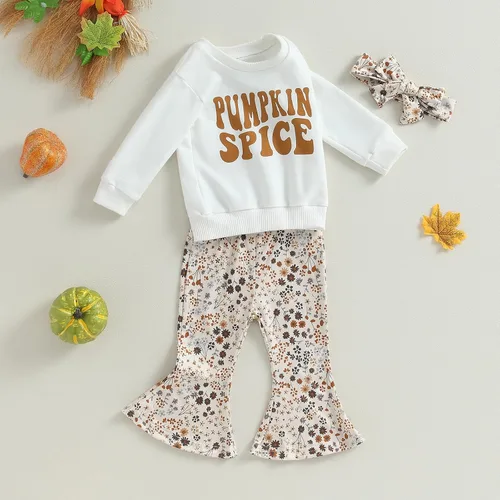 Miniatura 2 de wdehow Conjunto de sudadera de manga larga con estampado de letras y pantalones acampanados de calabaza, ropa de otoño