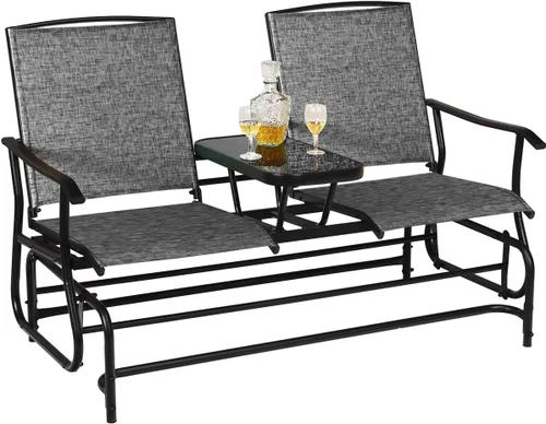 Miniatura 12 de Giantex Banco Mecedor para Patio con Marco de Metal, Mesa Central de Vidrio Templado, Asiento Mecedor Doble para Balcón, Jardín, Lado de la Piscina