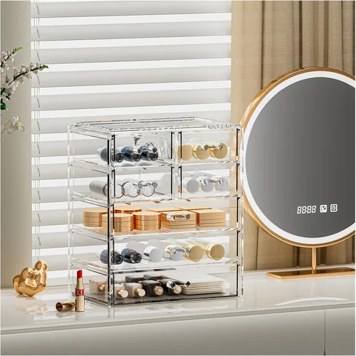 Organizador de maquillaje grande de acrílico transparente, organizador de joyas, organizador de maquillaje perfecto y almacenamiento para tocador,