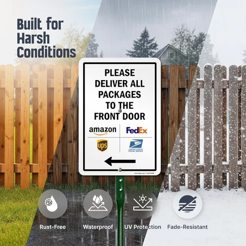 Miniatura 2 de SmartSign 10 x 7 pulgadas “Por Favor Entregue Todos Los Paquetes en La Puerta Delantera” Letrero de Flecha Izquierda para Patio, Lámina de Aluminio