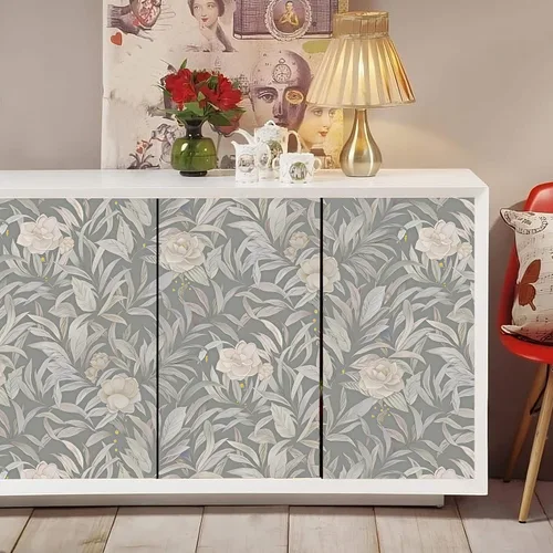 CiCiwind Papel tapiz floral gris para despegar y pegar, hojas para decorar gabinetes, papel de contacto autoadhesivo extraíble para paredes que