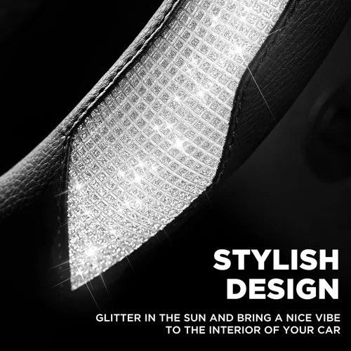 Miniatura 4 de PIC AUTO Funda para volante, purpurina de cristal brillante con cuero negro, ajuste universal de 14.5 a 15.5 pulgadas para volantes de automóvil