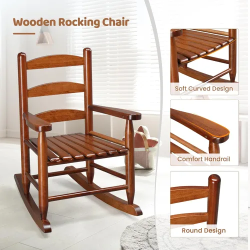 Miniatura 4 de JOYMOR Silla mecedora de madera para exteriores para niños con respaldo alto, balancín para niños resistente al clima, silla mecedora de patio