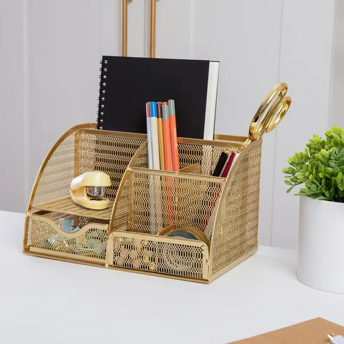 Miniatura 2 de Martha Stewart Ryder - Organizador de escritorio pequeño de metal de malla dorada para accesorios de oficina, cuadernos, soporte para bolígrafos