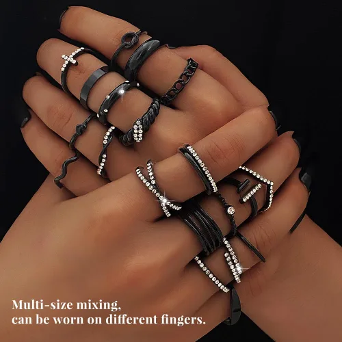 Miniatura 5 de KISS WIFE Juego de anillos dorados, plateados y negros para nudillos, para mujeres, delicados, simples, modernos, apilables, perfectos para apilar