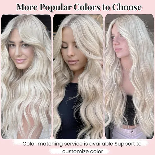 Miniatura 6 de Extensiones de cabello humano real con clip, color blanco hielo, extensiones de cabello humano Remy con clip, 18 pulgadas, 7 piezas, 2.47 oz