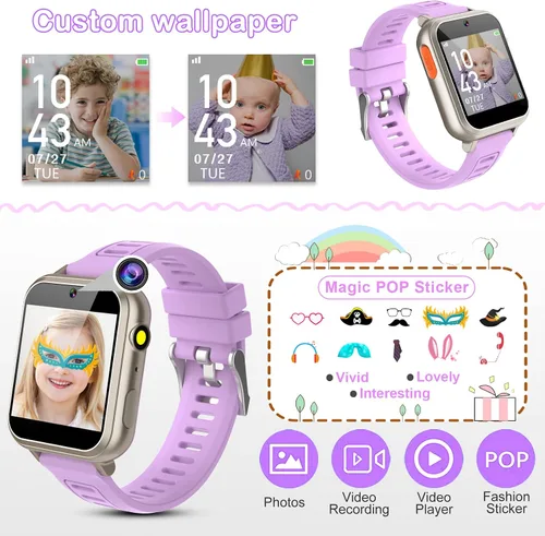 Miniatura 5 de Phyulls Reloj inteligente para niños, reloj inteligente con 39 juegos, cámara, grabadora de video, calculadora de alarma musical, calendario, Negro
