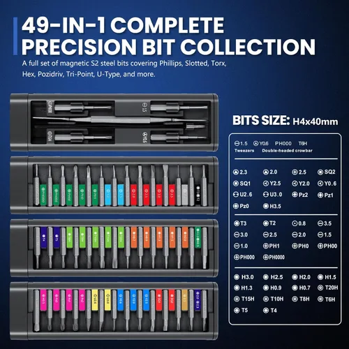 Miniatura 7 de Kit de herramientas de reparación electrónica 49 en 1 con puntas magnéticas S2, destornillador de precisión, puntas extendidas, pinzas, herramienta