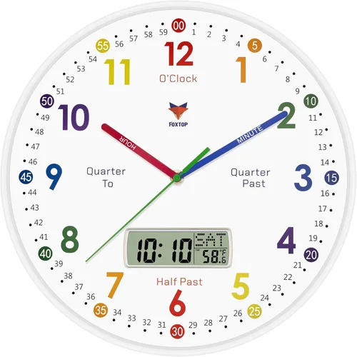 Miniatura 11 de Foxtop Reloj de Aprendizaje Digital y Analógico para Niños - Reloj de Enseñanza para Decir la Hora de 12 Pulgadas Silencioso Sin Tictac Operado