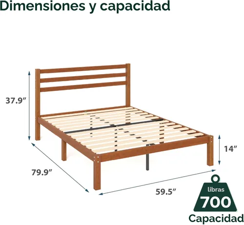Miniatura 2 de Zinus Leah - Marco de cama de plataforma de bambú con cabecero, no necesita somiers, soporte de listones de madera, fácil de montar, tamaño Queen
