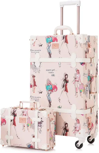 Unitravel Juego de equipaje vintage, juego de maleta de mano para mujer con cerradura TSA, baúl giratorio de piel sintética con funda de tren de 12
