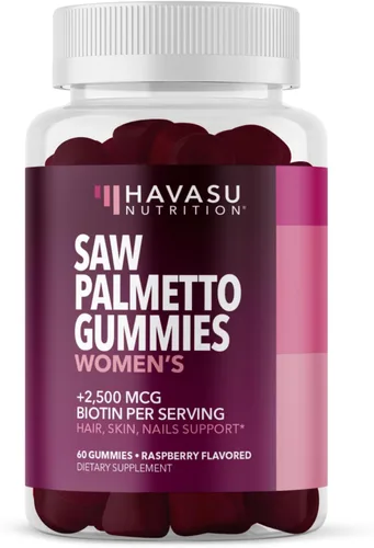 Saw Palmetto para mujeres con 2500 mcg de biotina - Bloqueador de DHT y cabello, piel, gomitas de salud de uñas - 60 unidades - Soporta cerraduras