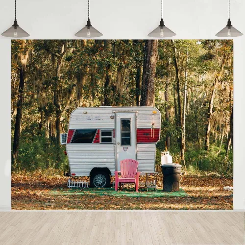 Miniatura 6 de Fondo de campamento para fiesta, campamento, 5 x 3 pies, bosque soleado, caravana, remolque, paisaje de naturaleza, fotografía de fondo, utilería