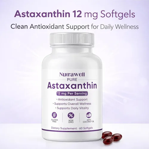 Miniatura 4 de NutraWell Astaxantina 12 mg, con aceite de coco, suplemento de apoyo antioxidante, sin OMG, sin gluten, 60 cápsulas blandas