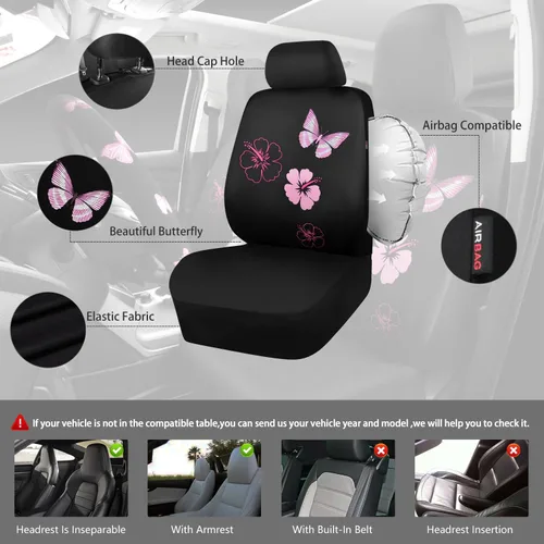 Miniatura 5 de CAR PASS Juego de fundas universales para asiento delantero de automóvil, diseño de flores bordadas, impermeables, fundas para volante, mariposa