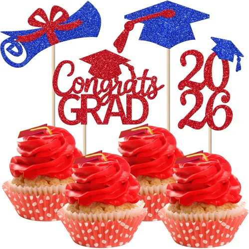 Miniatura 21 de Rsstarxi Paquete de 24 adornos para cupcakes de graduación 2026, con purpurina azul, para la clase de 2026, para diplomas, 24 piezas (6 diseños)