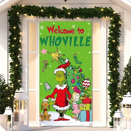 Nepnuser Cubierta de puerta de Navidad de bienvenida, elfo verde, decoración de Navidad, invierno, vacaciones, fiesta, telón de fondo, pancarta