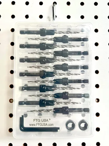 Miniatura 9 de FTG USA Juego de 12 brocas avellanadoras #8 (11/64 pulgadas) con collar de tope de profundidad, llave hexagonal, brocas cónicas para madera
