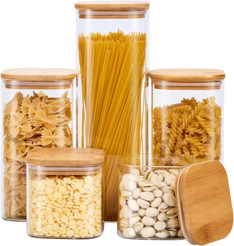 Tarros de almacenamiento de vidrio cuadrados con tapas[Juego de 5], perfectos para pasta, galletas, nueces, café, cereal, harina, organice su cocina