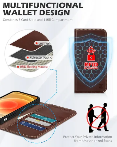 Miniatura 3 de SHIELDON Funda para iPhone 12 de 6.1", cartera de cuero genuino con protección magnética tipo libro, soporte con bloqueo RFID para tarjetas de Café