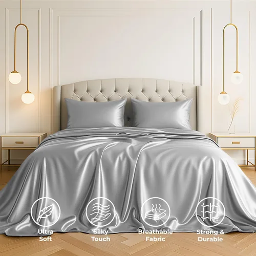 Miniatura 2 de Pure Bedding Sábanas de satén individuales [3 piezas, plateadas] Juego de sábanas sedosas de lujo para hotel, juego de sábanas de microfibra extra