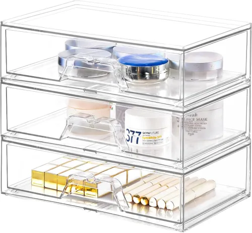 Miniatura 7 de Stebopum Paquete de 4 Cajones de Almacenamiento Apilables Organizador de Acrílico Transparente Organizador de Maquillaje de Baño y Almacenamiento