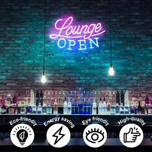 Miniatura 4 de Letrero de neón con texto en inglés "Lounge Abierto" VIP Lounge, luz de neón, rosa y azul, letra LED, regulable, letreros de negocios, letreros Rosa