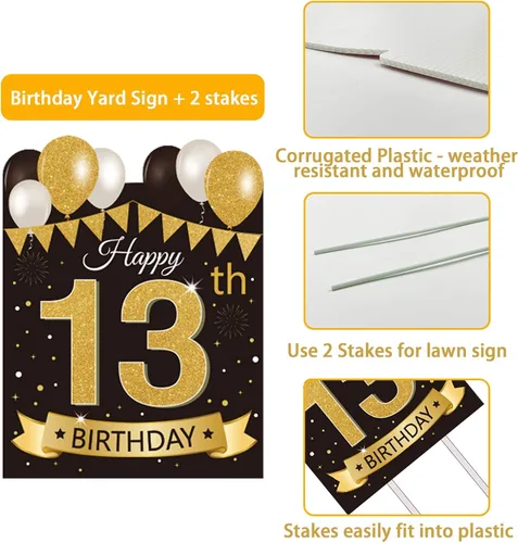 Miniatura 3 de Letrero grande de patio para fiesta de feliz cumpleaños número 13, negro dorado, letreros de patio de cumpleaños 13 con estacas y decoraciones