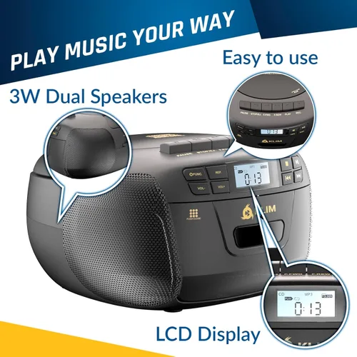 Miniatura 6 de Reproductor de CD y reproductor de cinta de cassette KLIM, Boombox Bluetooth, radio AM/FM, sonido estéreo, control remoto, combo de CD y cinta