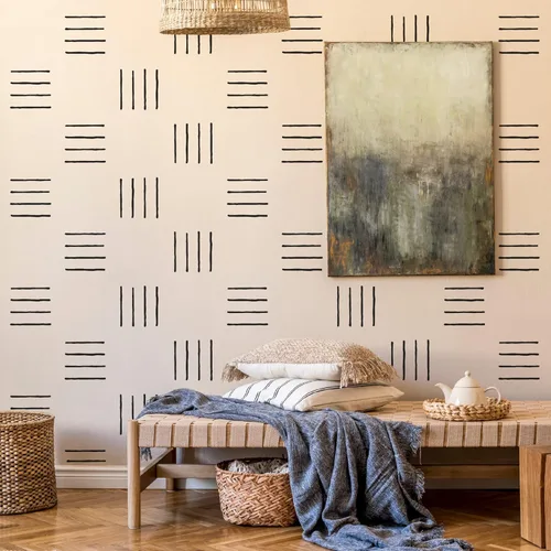 Miniatura 5 de Calcomanías de pared de vinilo negro de 4 líneas, despegar y pegar, calcomanías de pared modernas de líneas bohemias, 200 tiras con una plantilla
