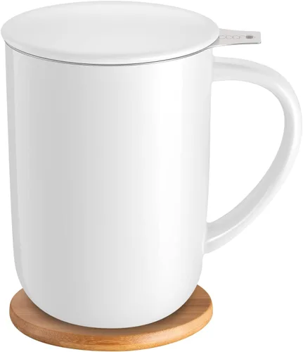 Miniatura 13 de CEEFU Taza de té de porcelana con infusor y tapa, tetera con filtro y posavasos, máquina de té para hojas sueltas, 16 onzas para té, café, leche