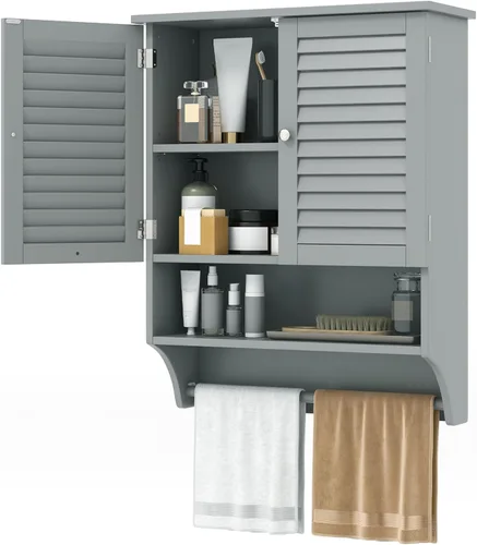 Miniatura 10 de Tangkula Armario de baño montado en la pared con estante abierto y barra, botiquín con puertas de doble rejilla, estante ajustable, armario