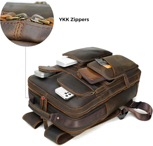 Miniatura 6 de Mochila de cuero de grano completo para hombres, mochila de viaje para laptop de 17.3 pulgadas, mochila con múltiples bolsillos con cremalleras YKK