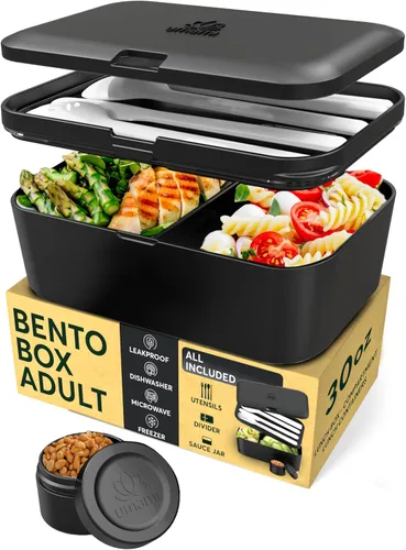 Umami Cajas de almuerzo con 4 utensilios, tarro de salsa, Caja bento apilable que ahorra espacio para adultos, 100% a prueba de fugas, contenedores