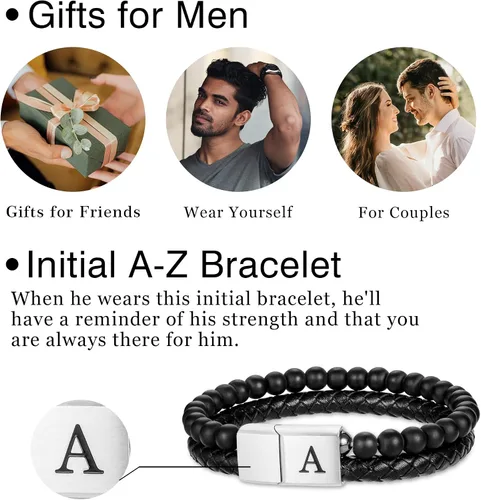 Miniatura 8 de LUXEJEW Regalo Navidad para hombre, brazalete de cuero con cuentas, con letra inicial nombre, 15/64 de pulgada, ágata mate, hecho a mano, ajustable