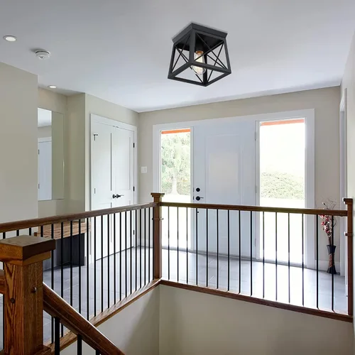 Miniatura 8 de 1 Light Black Industrial Flush Mount Ceiling Light Fixture - Square Farmhouse Caged Ceiling Light for Closet Kitchen Hallway Porch, E26, Dimmable