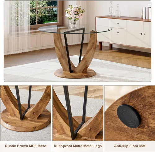 Miniatura 8 de 5-Piece Round Glass Dining Table Set for 4, 48” Modern Dining Room Table with Wood Grain Base, Brown Suede Upholstered Chairs with Black Metal Legs