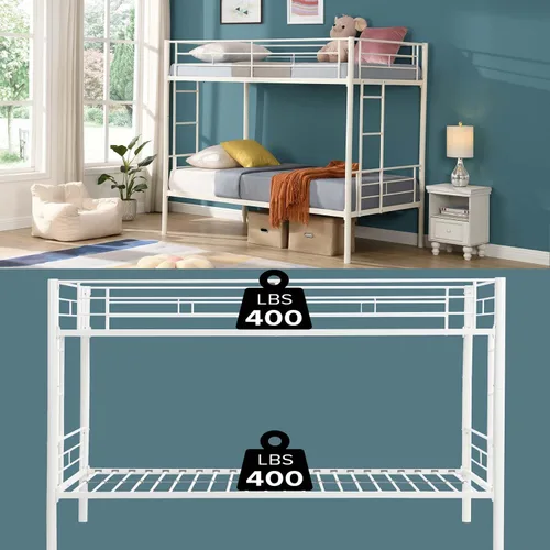 Miniatura 6 de Litera de metal con 2 escaleras y barandilla de seguridad, literas convertibles resistentes, base de cama individual sobre individual con espacio