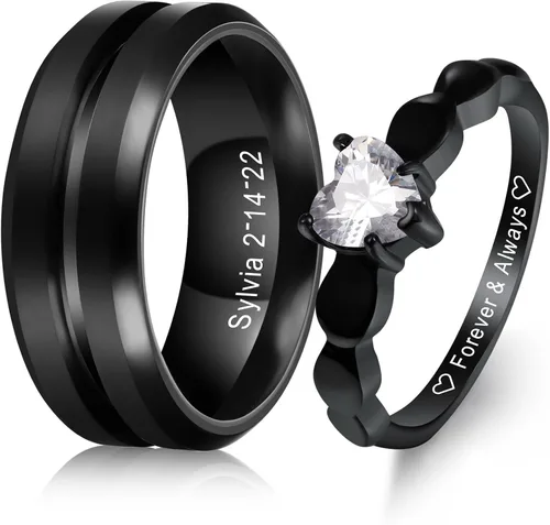 MeMeDIY Juego de anillos personalizados de acero inoxidable para parejas, anillos de promesa con nombres grabados con piedra preciosa de corazón,