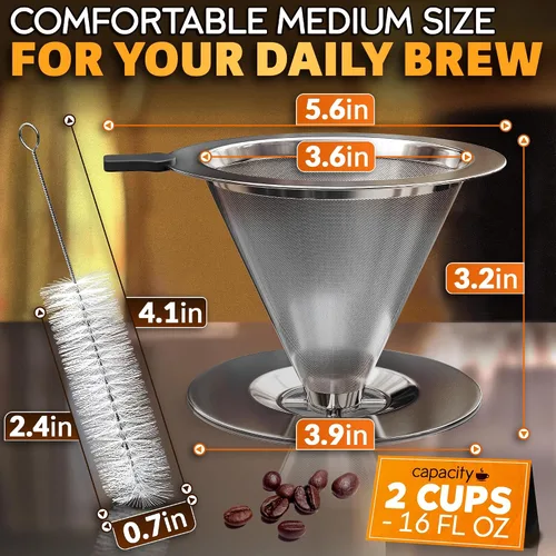 Miniatura 3 de Gotero para verter sobre café, cafetera de acero inoxidable de 3.18 x 4.48 pulgadas con mango de plástico grande, base ancha y segura y un cepillo